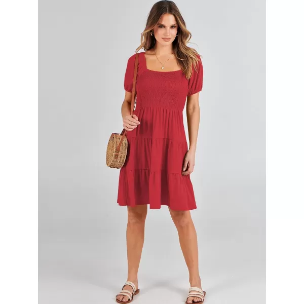 imageANRABESS Womens Summer Mini Dresses 2024 Casual Square Neck Smocked Puff Sleeve Cute Short DressRed