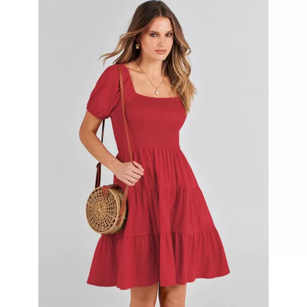 imageANRABESS Womens Summer Mini Dresses 2024 Casual Square Neck Smocked Puff Sleeve Cute Short DressRed