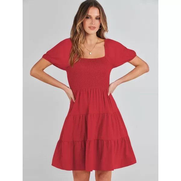 imageANRABESS Womens Summer Mini Dresses 2024 Casual Square Neck Smocked Puff Sleeve Cute Short DressRed