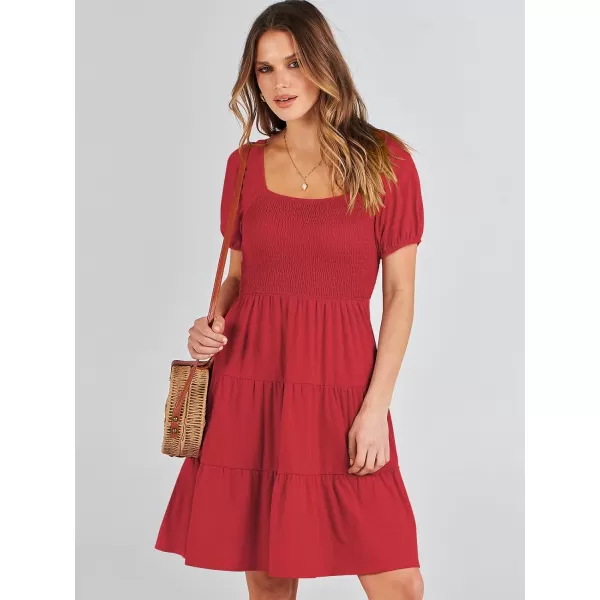 imageANRABESS Womens Summer Mini Dresses 2024 Casual Square Neck Smocked Puff Sleeve Cute Short DressRed