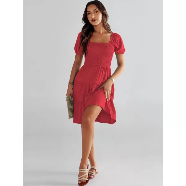 imageANRABESS Womens Summer Mini Dresses 2024 Casual Square Neck Smocked Puff Sleeve Cute Short DressRed
