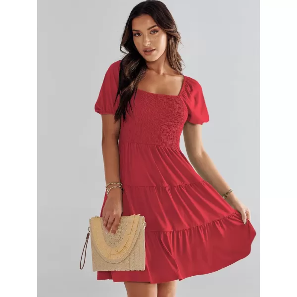 imageANRABESS Womens Summer Mini Dresses 2024 Casual Square Neck Smocked Puff Sleeve Cute Short DressRed