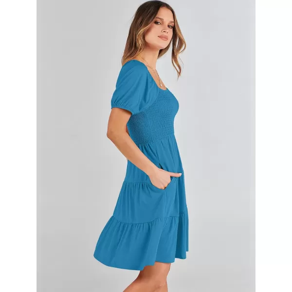 imageANRABESS Womens Summer Mini Dresses 2024 Casual Square Neck Smocked Puff Sleeve Cute Short DressSky Blue