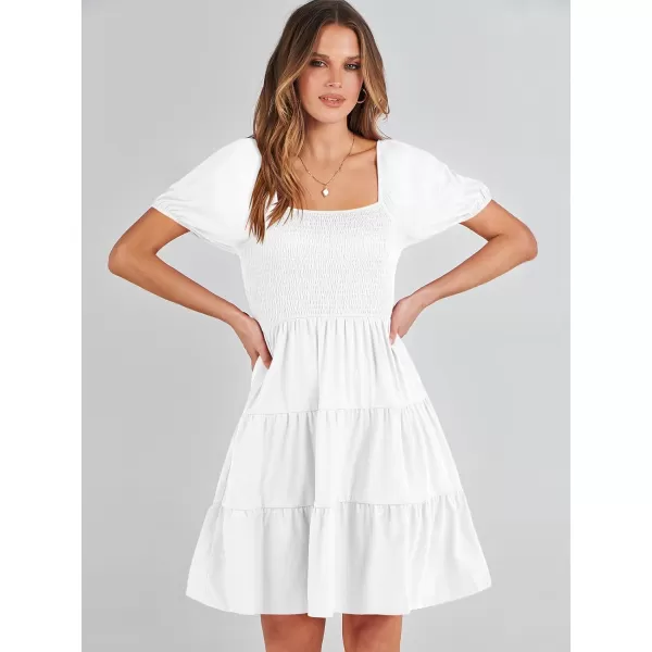 imageANRABESS Womens Summer Mini Dresses 2024 Casual Square Neck Smocked Puff Sleeve Cute Short DressWhite