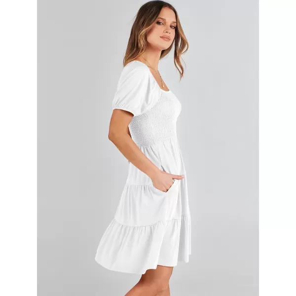 imageANRABESS Womens Summer Mini Dresses 2024 Casual Square Neck Smocked Puff Sleeve Cute Short DressWhite