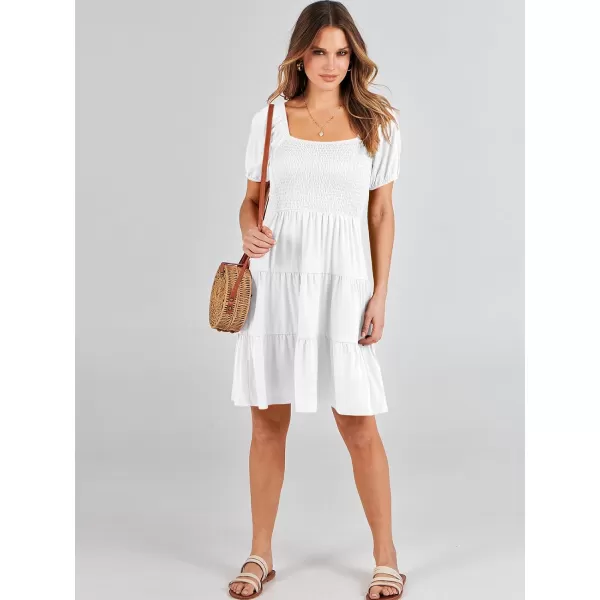 imageANRABESS Womens Summer Mini Dresses 2024 Casual Square Neck Smocked Puff Sleeve Cute Short DressWhite