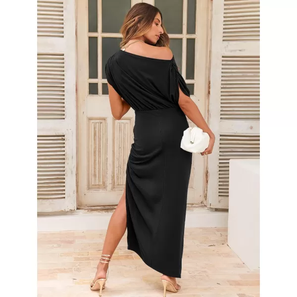 imageANRABESS Womens Summer Off Shoulder Short Sleeve Wrap Slit Bodycon Maxi Elegant DressBlack