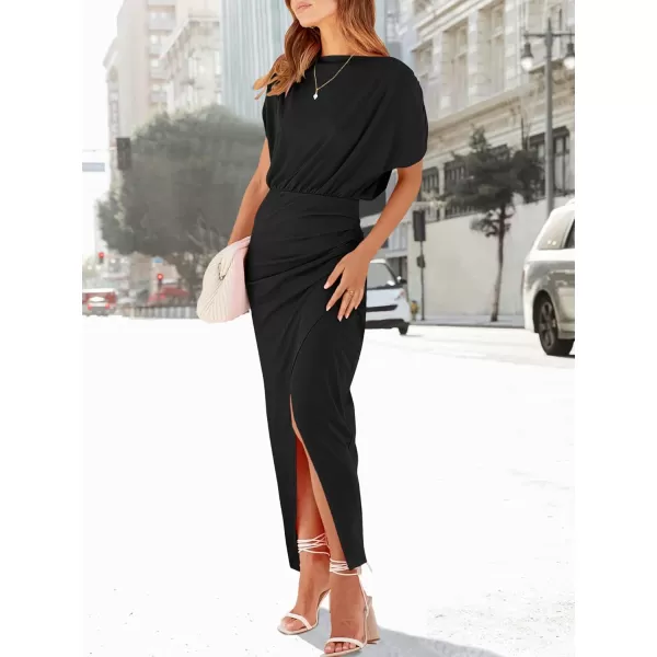 imageANRABESS Womens Summer Off Shoulder Short Sleeve Wrap Slit Bodycon Maxi Elegant DressBlack