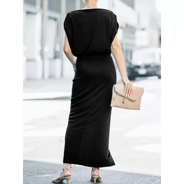 imageANRABESS Womens Summer Off Shoulder Short Sleeve Wrap Slit Bodycon Maxi Elegant DressBlack