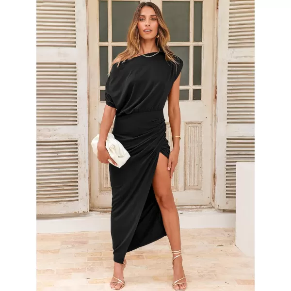 imageANRABESS Womens Summer Off Shoulder Short Sleeve Wrap Slit Bodycon Maxi Elegant DressBlack