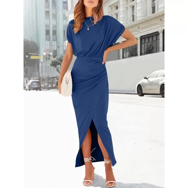 imageANRABESS Womens Summer Off Shoulder Short Sleeve Wrap Slit Bodycon Maxi Elegant DressBlue