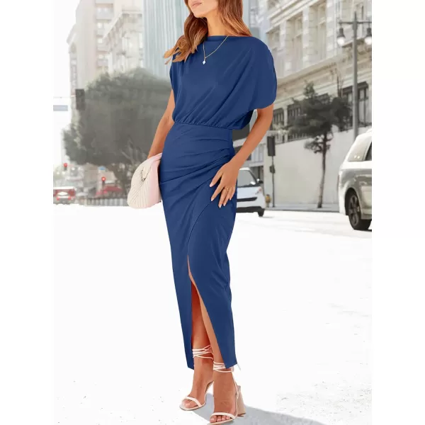 imageANRABESS Womens Summer Off Shoulder Short Sleeve Wrap Slit Bodycon Maxi Elegant DressBlue