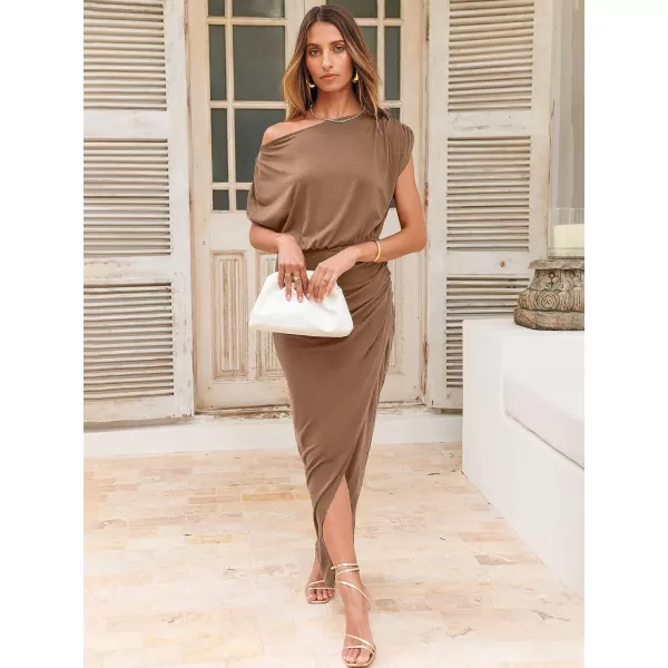 imageANRABESS Womens Summer Off Shoulder Short Sleeve Wrap Slit Bodycon Maxi Elegant DressBrown