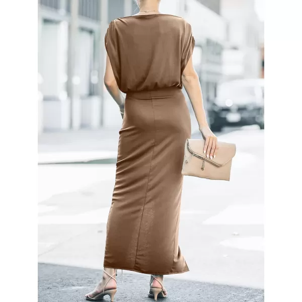 imageANRABESS Womens Summer Off Shoulder Short Sleeve Wrap Slit Bodycon Maxi Elegant DressBrown