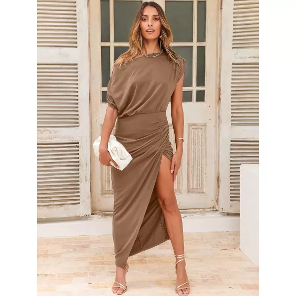 imageANRABESS Womens Summer Off Shoulder Short Sleeve Wrap Slit Bodycon Maxi Elegant DressBrown