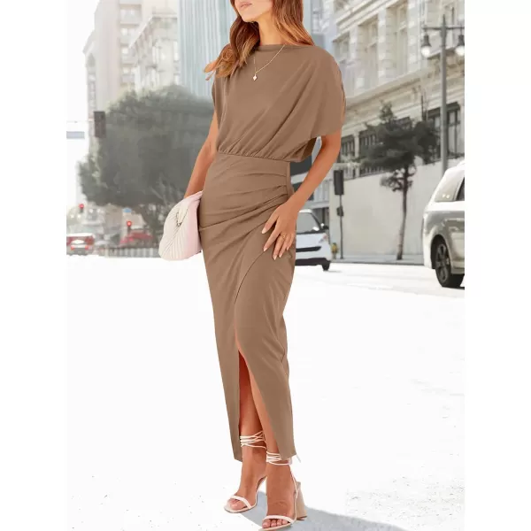imageANRABESS Womens Summer Off Shoulder Short Sleeve Wrap Slit Bodycon Maxi Elegant DressBrown
