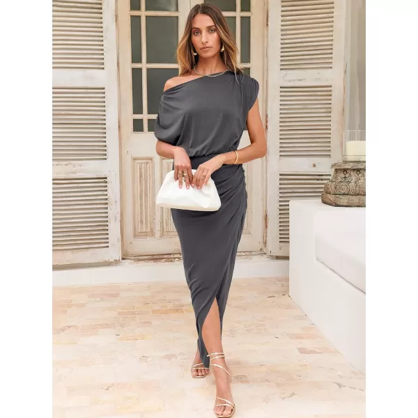 imageANRABESS Womens Summer Off Shoulder Short Sleeve Wrap Slit Bodycon Maxi Elegant DressDark Grey
