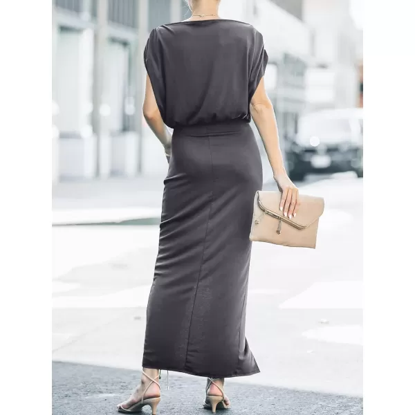 imageANRABESS Womens Summer Off Shoulder Short Sleeve Wrap Slit Bodycon Maxi Elegant DressDark Grey