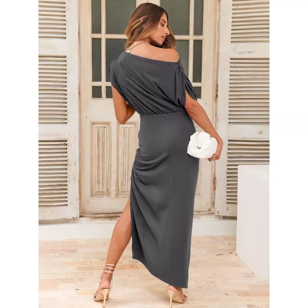 imageANRABESS Womens Summer Off Shoulder Short Sleeve Wrap Slit Bodycon Maxi Elegant DressDark Grey