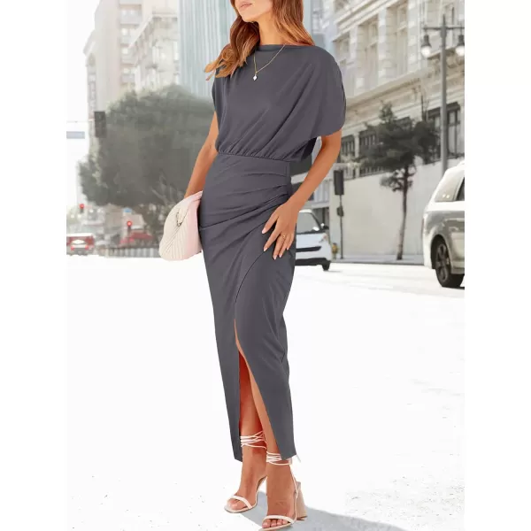 imageANRABESS Womens Summer Off Shoulder Short Sleeve Wrap Slit Bodycon Maxi Elegant DressDark Grey