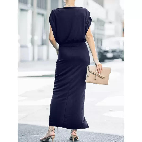 imageANRABESS Womens Summer Off Shoulder Short Sleeve Wrap Slit Bodycon Maxi Elegant DressDeep Blue