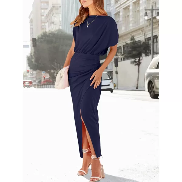 imageANRABESS Womens Summer Off Shoulder Short Sleeve Wrap Slit Bodycon Maxi Elegant DressDeep Blue