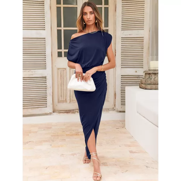 imageANRABESS Womens Summer Off Shoulder Short Sleeve Wrap Slit Bodycon Maxi Elegant DressDeep Blue