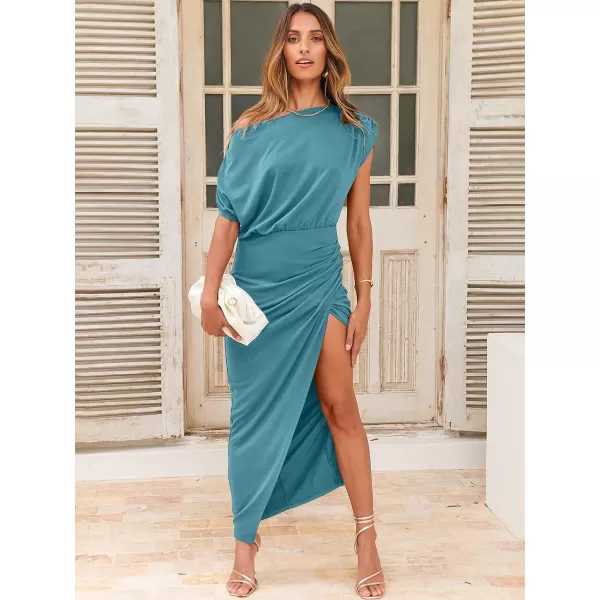 imageANRABESS Womens Summer Off Shoulder Short Sleeve Wrap Slit Bodycon Maxi Elegant DressLake Blue