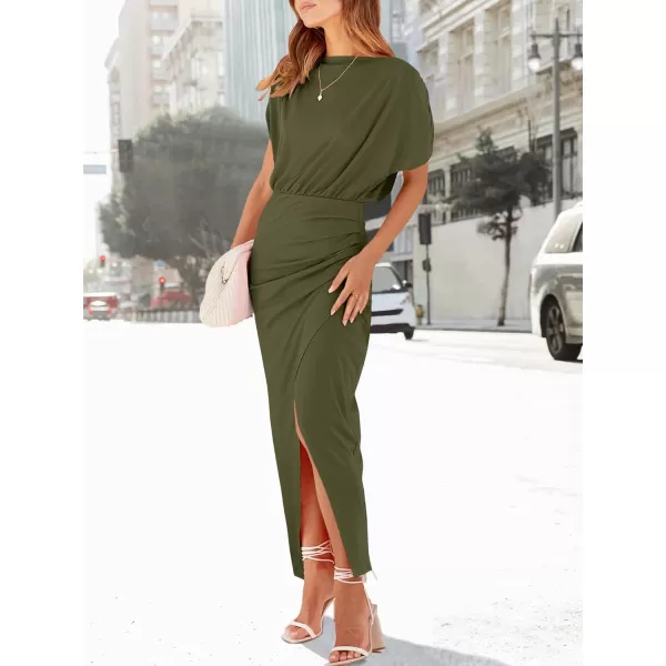 imageANRABESS Womens Summer Off Shoulder Short Sleeve Wrap Slit Bodycon Maxi Elegant DressOlive Green