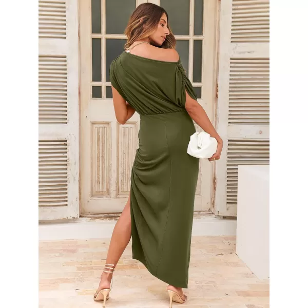 imageANRABESS Womens Summer Off Shoulder Short Sleeve Wrap Slit Bodycon Maxi Elegant DressOlive Green