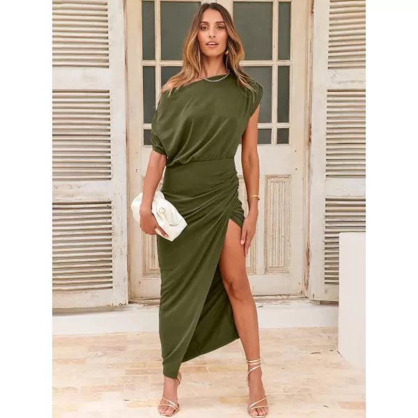 imageANRABESS Womens Summer Off Shoulder Short Sleeve Wrap Slit Bodycon Maxi Elegant DressOlive Green