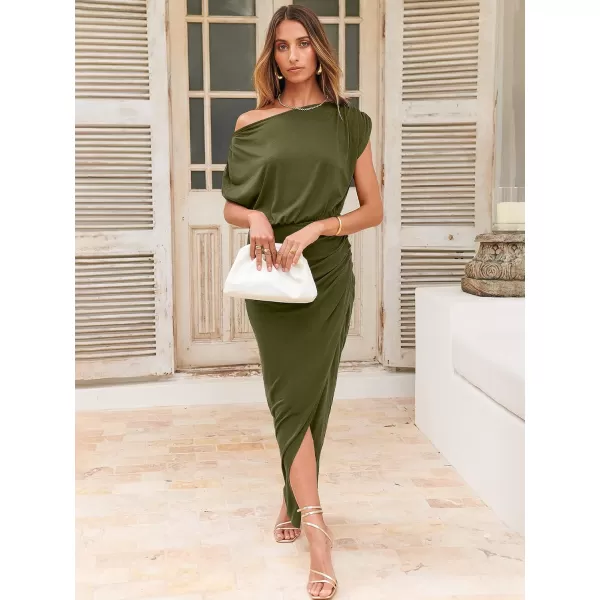 imageANRABESS Womens Summer Off Shoulder Short Sleeve Wrap Slit Bodycon Maxi Elegant DressOlive Green