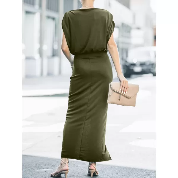 imageANRABESS Womens Summer Off Shoulder Short Sleeve Wrap Slit Bodycon Maxi Elegant DressOlive Green