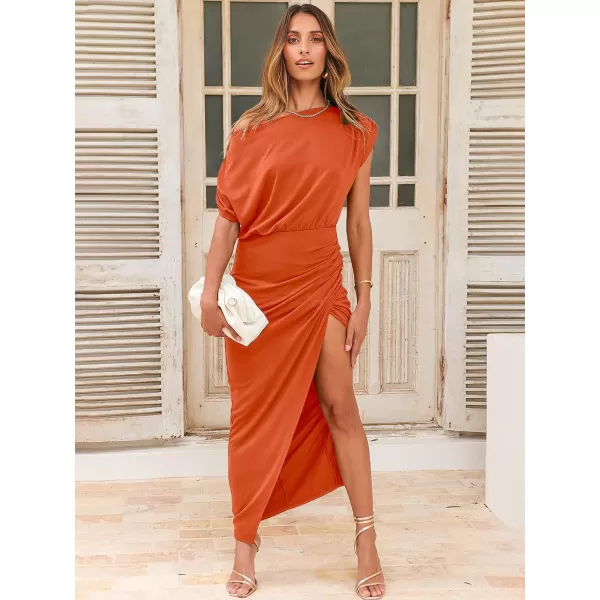 imageANRABESS Womens Summer Off Shoulder Short Sleeve Wrap Slit Bodycon Maxi Elegant DressOrange