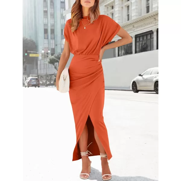 imageANRABESS Womens Summer Off Shoulder Short Sleeve Wrap Slit Bodycon Maxi Elegant DressOrange