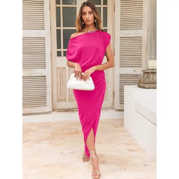 imageANRABESS Womens Summer Off Shoulder Short Sleeve Wrap Slit Bodycon Maxi Elegant DressRose