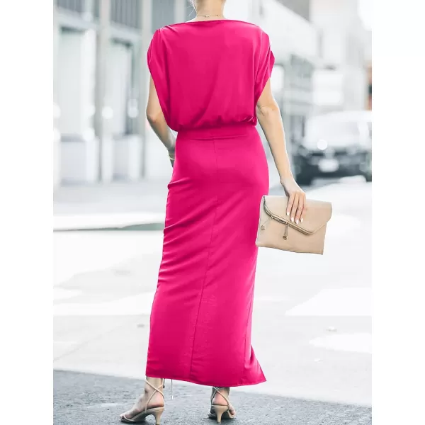 imageANRABESS Womens Summer Off Shoulder Short Sleeve Wrap Slit Bodycon Maxi Elegant DressRose