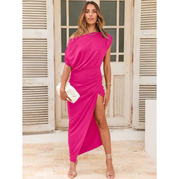 imageANRABESS Womens Summer Off Shoulder Short Sleeve Wrap Slit Bodycon Maxi Elegant DressRose
