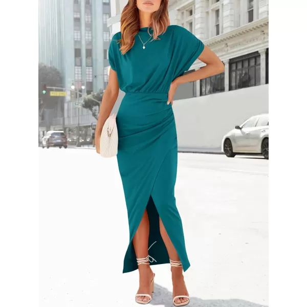 imageANRABESS Womens Summer Off Shoulder Short Sleeve Wrap Slit Bodycon Maxi Elegant DressTeal Green