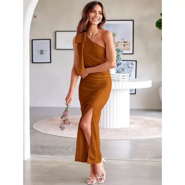 imageANRABESS Womens Summer One Shoulder Long Formal Dresses Sleeveless Ruched Bodycon Wedding Guest Slit Maxi DressBrown