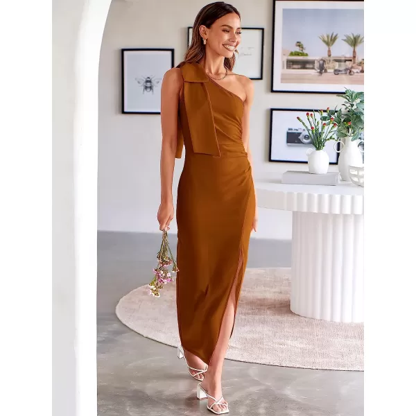 imageANRABESS Womens Summer One Shoulder Long Formal Dresses Sleeveless Ruched Bodycon Wedding Guest Slit Maxi DressBrown