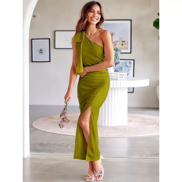 imageANRABESS Womens Summer One Shoulder Long Formal Dresses Sleeveless Ruched Bodycon Wedding Guest Slit Maxi DressGrass