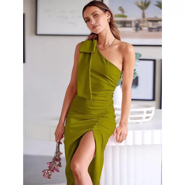 imageANRABESS Womens Summer One Shoulder Long Formal Dresses Sleeveless Ruched Bodycon Wedding Guest Slit Maxi DressGrass