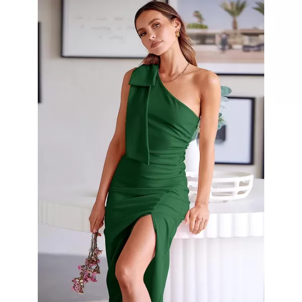 imageANRABESS Womens Summer One Shoulder Long Formal Dresses Sleeveless Ruched Bodycon Wedding Guest Slit Maxi DressGreen