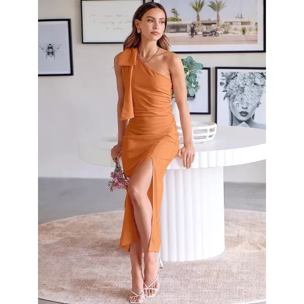 imageANRABESS Womens Summer One Shoulder Long Formal Dresses Sleeveless Ruched Bodycon Wedding Guest Slit Maxi DressLight Brown