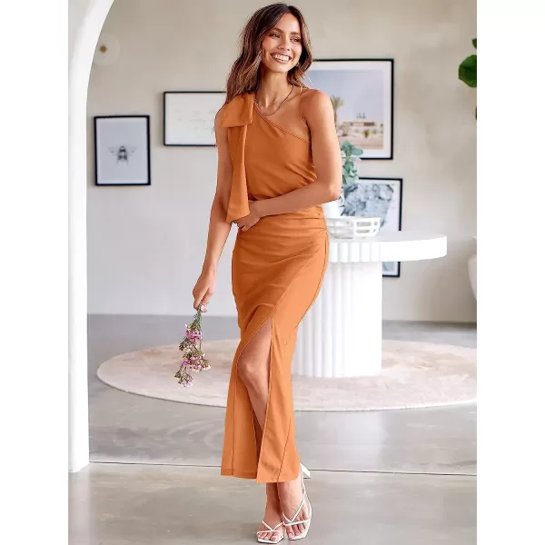 imageANRABESS Womens Summer One Shoulder Long Formal Dresses Sleeveless Ruched Bodycon Wedding Guest Slit Maxi DressLight Brown
