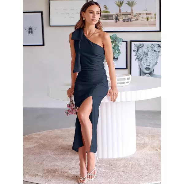 imageANRABESS Womens Summer One Shoulder Long Formal Dresses Sleeveless Ruched Bodycon Wedding Guest Slit Maxi DressNavy Blue