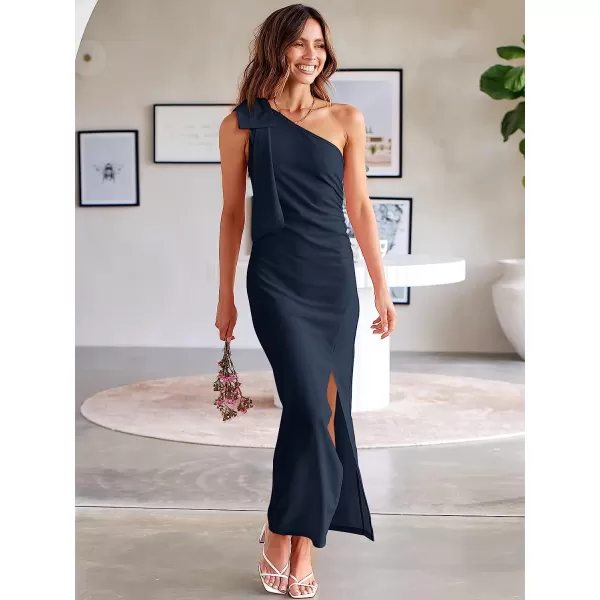 imageANRABESS Womens Summer One Shoulder Long Formal Dresses Sleeveless Ruched Bodycon Wedding Guest Slit Maxi DressNavy Blue