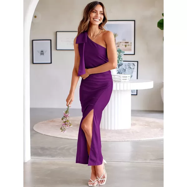 imageANRABESS Womens Summer One Shoulder Long Formal Dresses Sleeveless Ruched Bodycon Wedding Guest Slit Maxi DressPurple