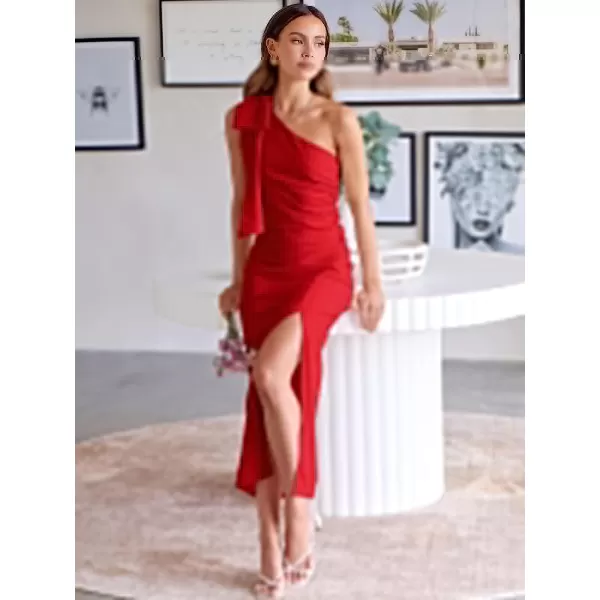 imageANRABESS Womens Summer One Shoulder Long Formal Dresses Sleeveless Ruched Bodycon Wedding Guest Slit Maxi DressRed